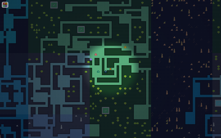 The overworld: a fogged map of corridors, rooms and biomes around a lone character